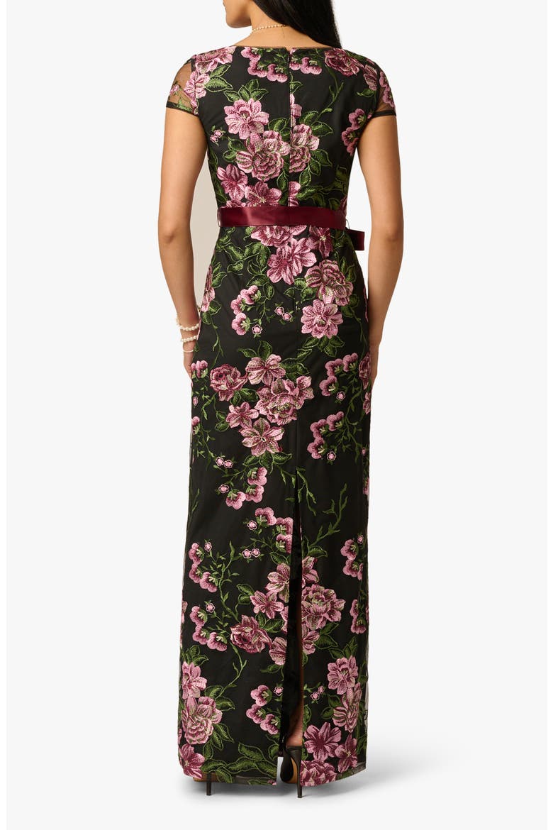 Embroidered Floral Column Gown with Ribbon Tie Belt, Alternate, color, BLACK MULTI