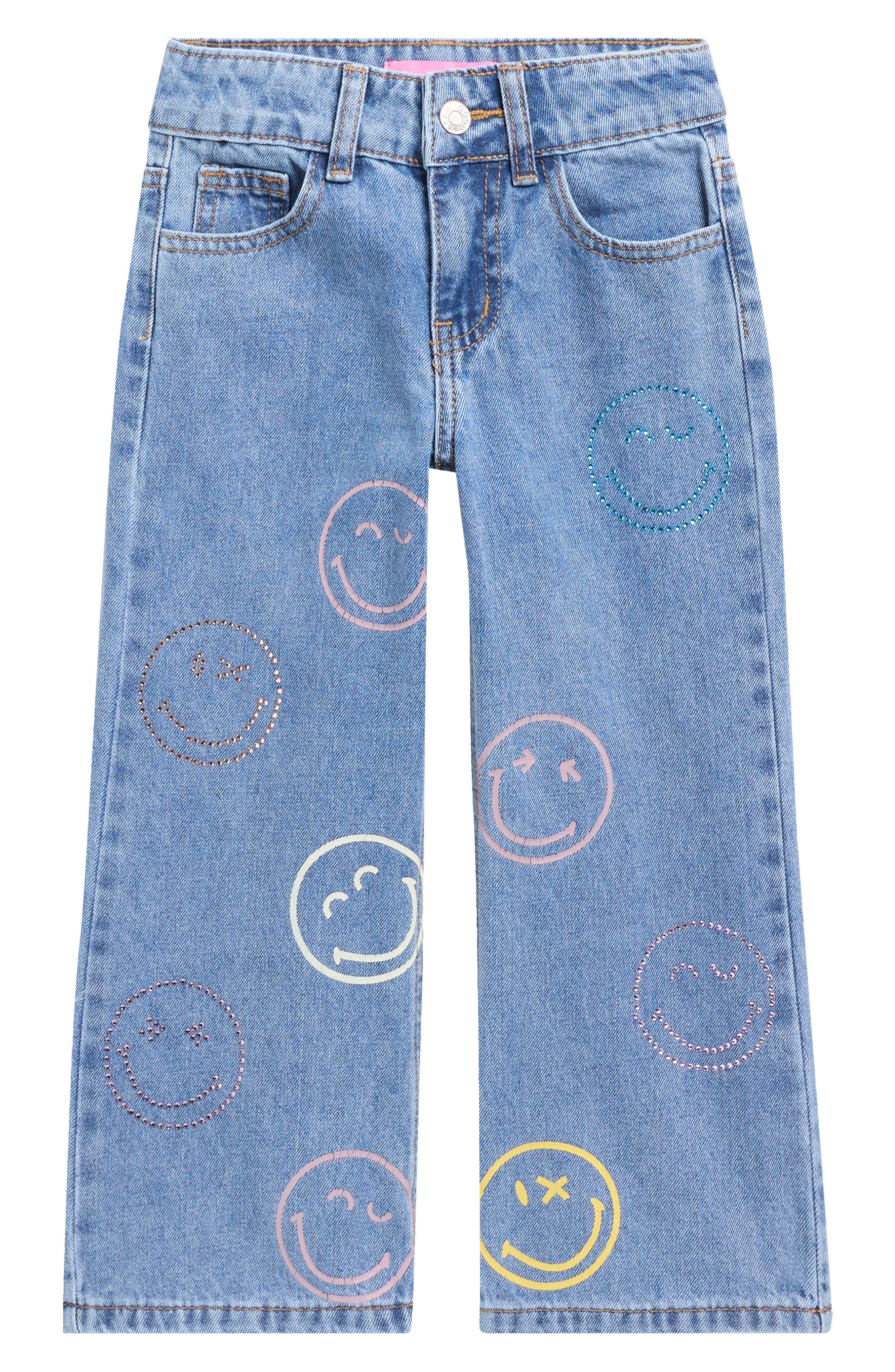 GOGO STAR Kids' Smiley Print Wide Leg Jeans