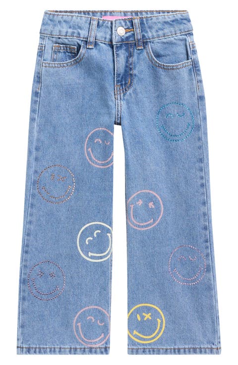 Kids' Smiley Print Wide Leg Jeans (Potassium) (Little Kid)