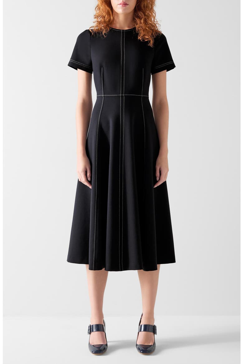 Eugine Topstitch Midi Dress, Main, color, NAVY