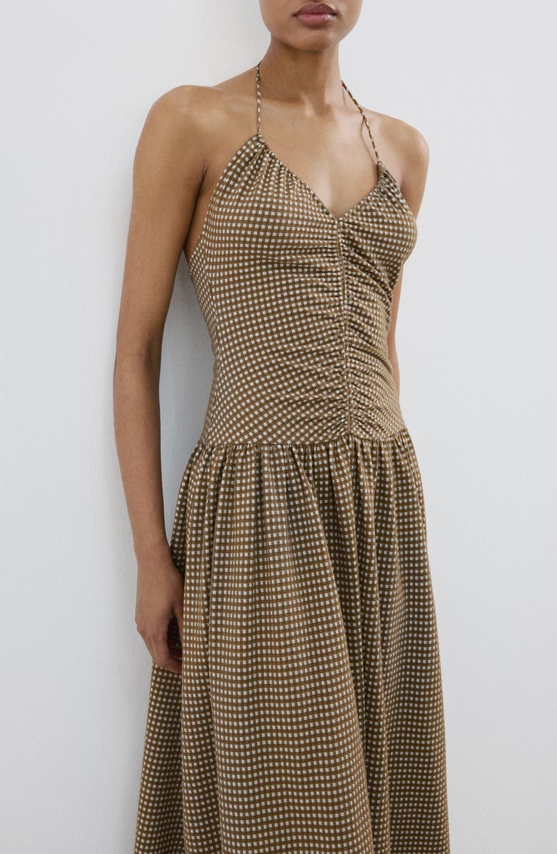 MANGO Check Ruched Halter Neck Midi Dress, Alternate, color,