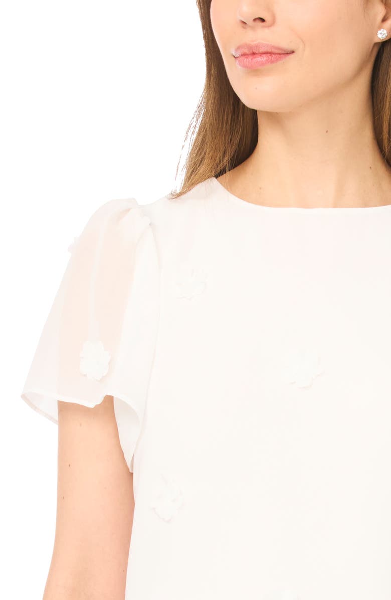 CeCe Floral Appliqué Flutter Sleeve V-Neck Chiffon Top, Alternate, color, New Ivory