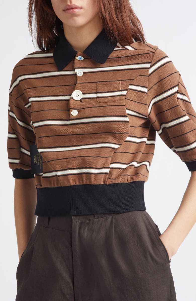 Undercover Stripe Crop Cotton Piqué Polo, Alternate, color, Brown Border