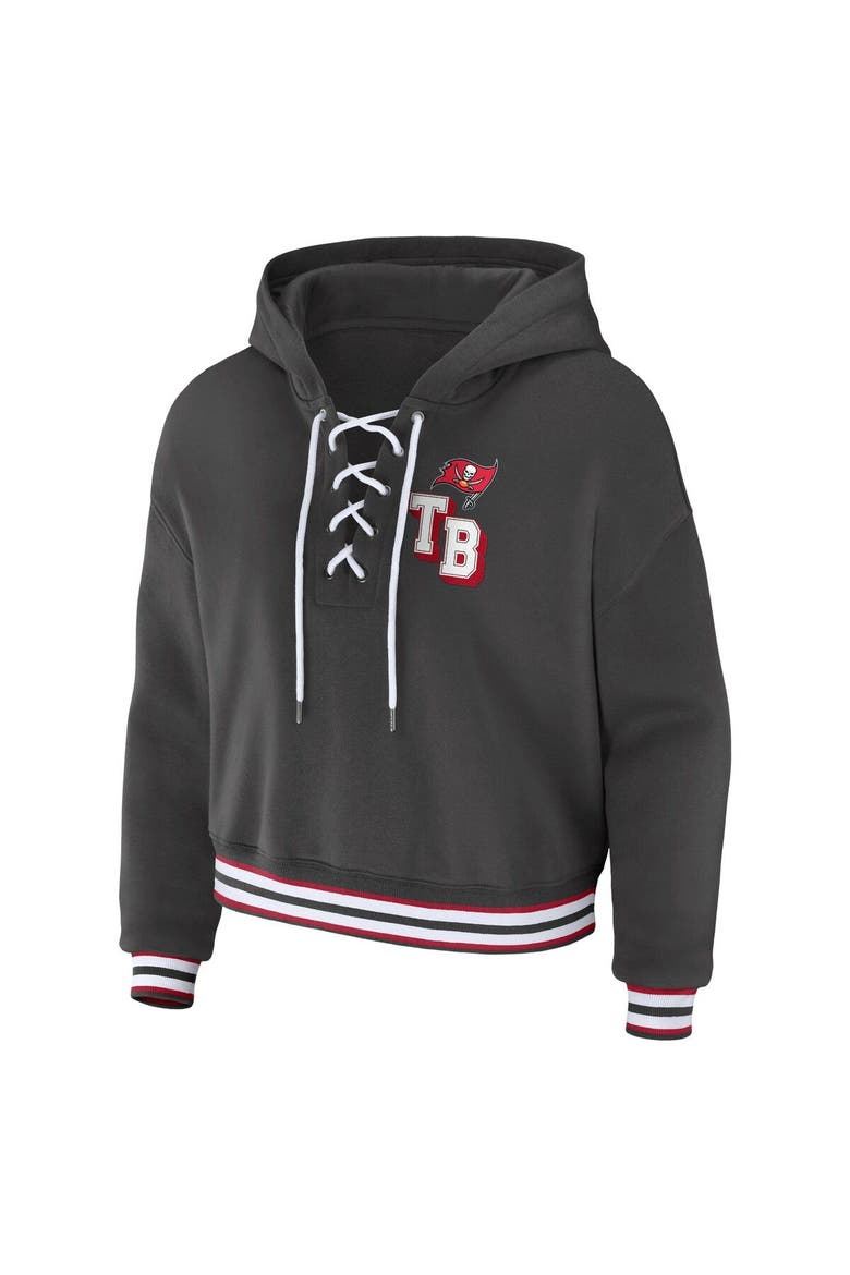 Women's WEAR by Erin Andrews Pewter Tampa Bay Buccaneers Lace-Up Pullover Hoodie, Alternate, color, Pewter