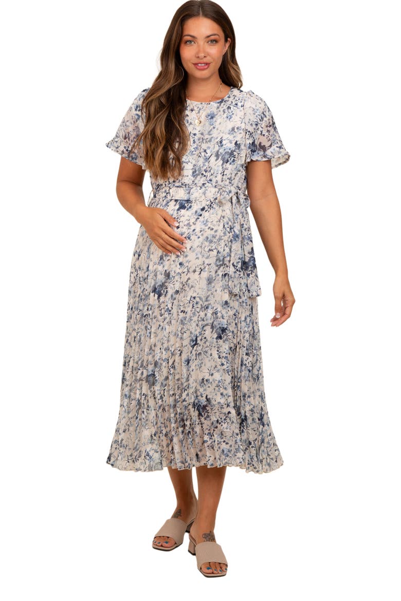 Floral Pleated Midi Dress, Alternate, color, Cream