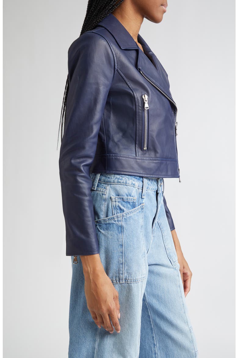 Onna Crop Leather Biker Jacket, Alternate, color, NAVY