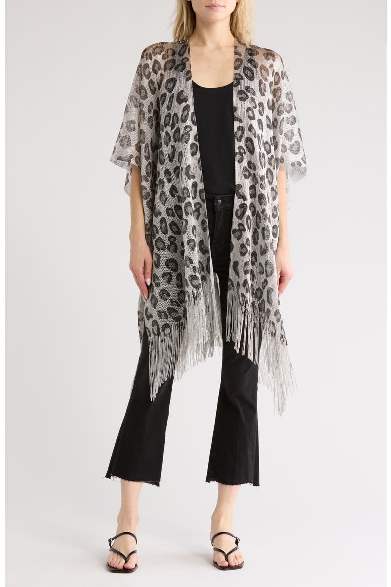 Sparkle Leopard Fringe Trim Ruana, Main, color, SILVER