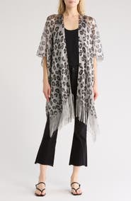 Steve Madden Sparkle Leopard Fringe Trim Ruana