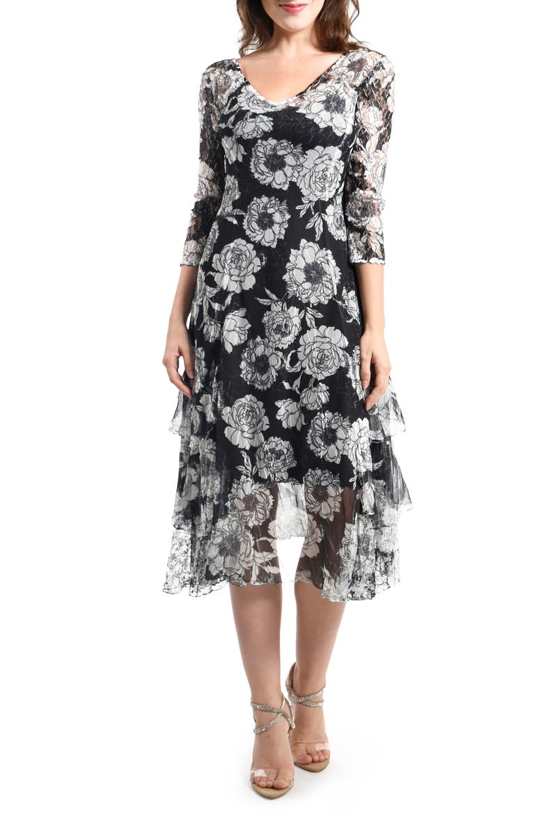 Floral Chiffon & Charmeuse Cocktail Midi Dress, Main, color, CHRYSANTHEMUM