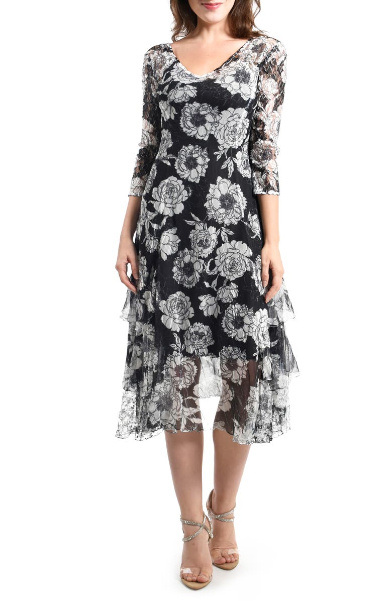 Komarov Floral Chiffon & Charmeuse Cocktail Midi Dress, Main, color,