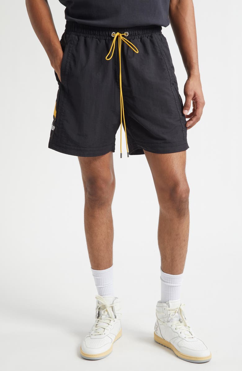 Rhude Moonlight Logo Nylon Drawstring Shorts, Main, color, Black / Yellow / White