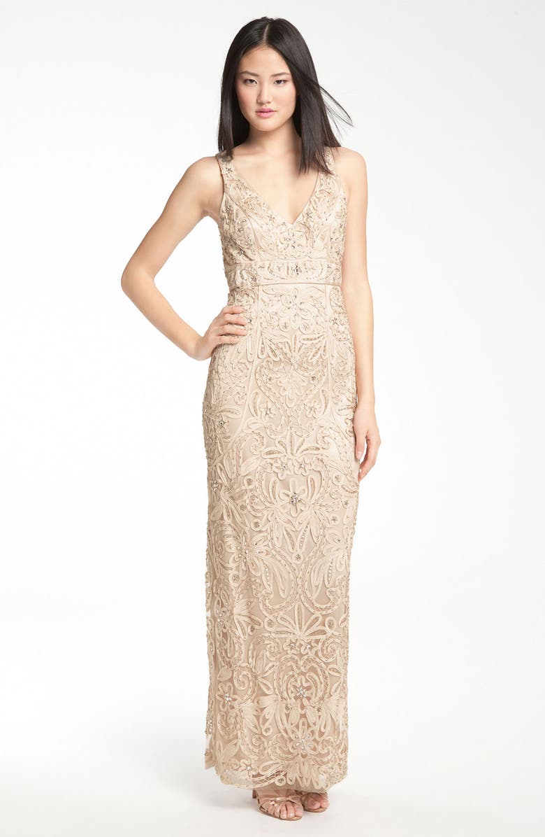 Sue Wong V-Neck Embroidery & Bead Overlay Gown, Main, color, Antique Champagne