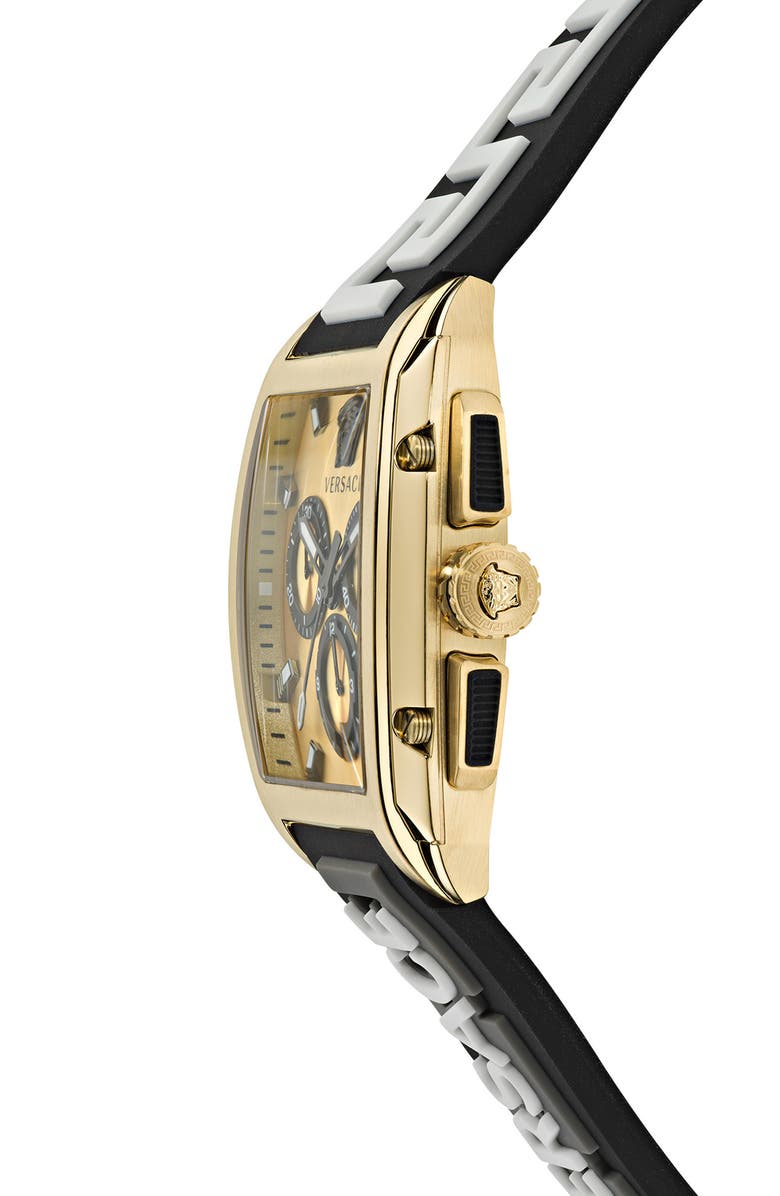 Versace Dominus Chronograph Silicone Strap Watch, 42mm, Alternate, color, Ip Yellow Gold