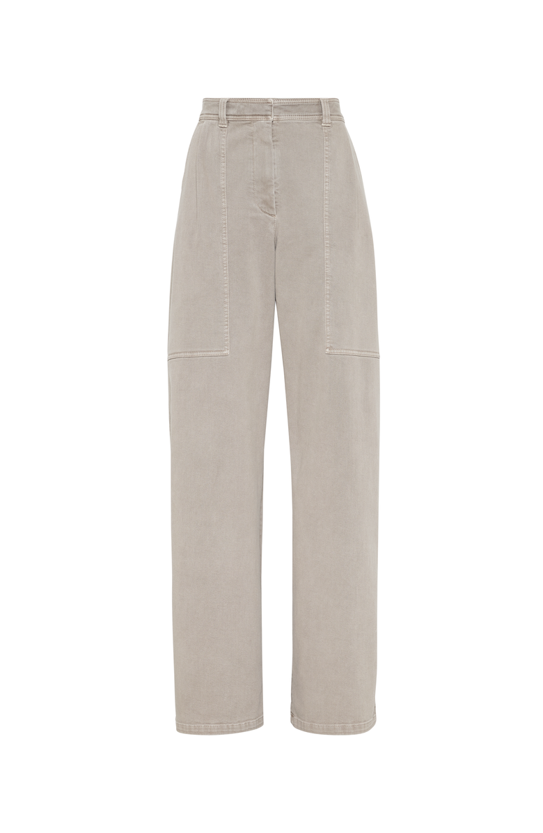 Brunello Cucinelli Stretch dyed denim loose utility trousers with monili, Main, color, 