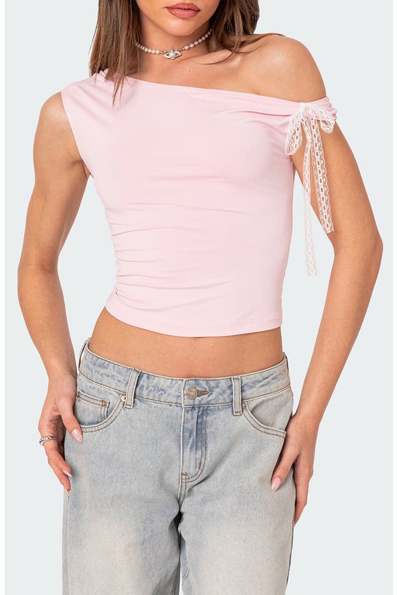 Lace Bow One-Shoulder Top, Main, color, PINK