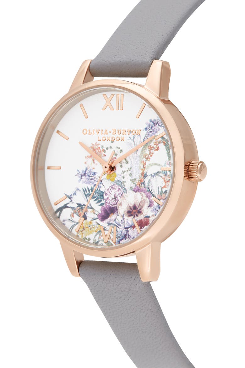 Enchanted Garden Leather Strap Watch, 30mm, Alternate, color, LILAC/ WHITE FLORAL/ ROSE GOLD