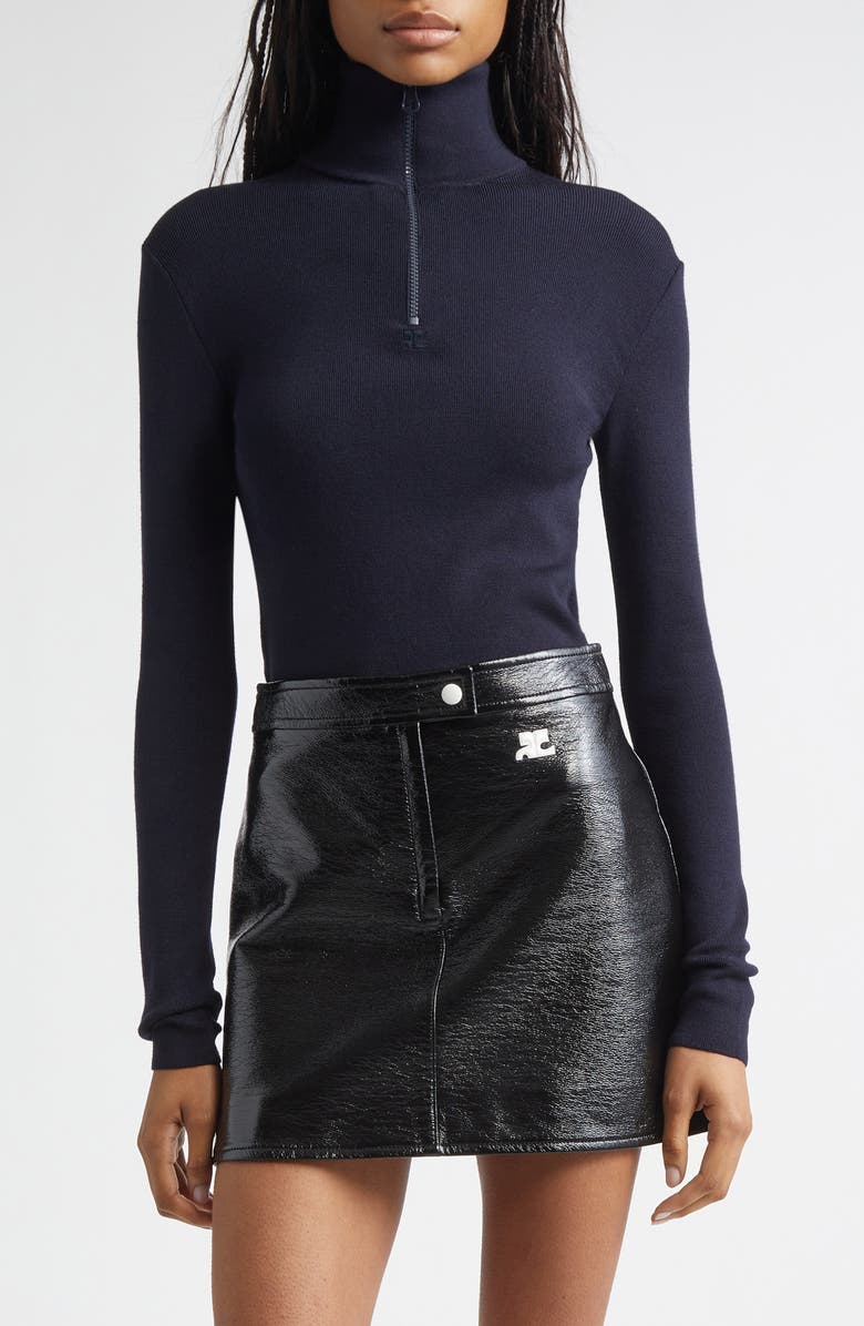 Courrèges Merino Wool Mock Neck Half Zip Sweater, Main, color, Navy