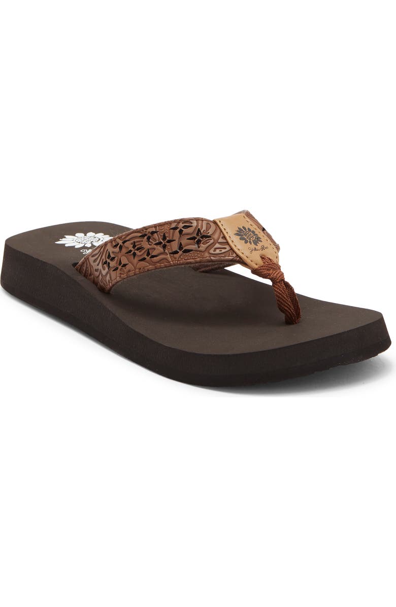 Yellow Box Premium Benji Lasercut Flip Flop, Main, color, Dark Brown