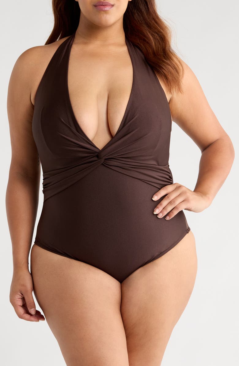 MANGO Drape Halter One-Piece Swimsuit, Main, color, Chocolate
