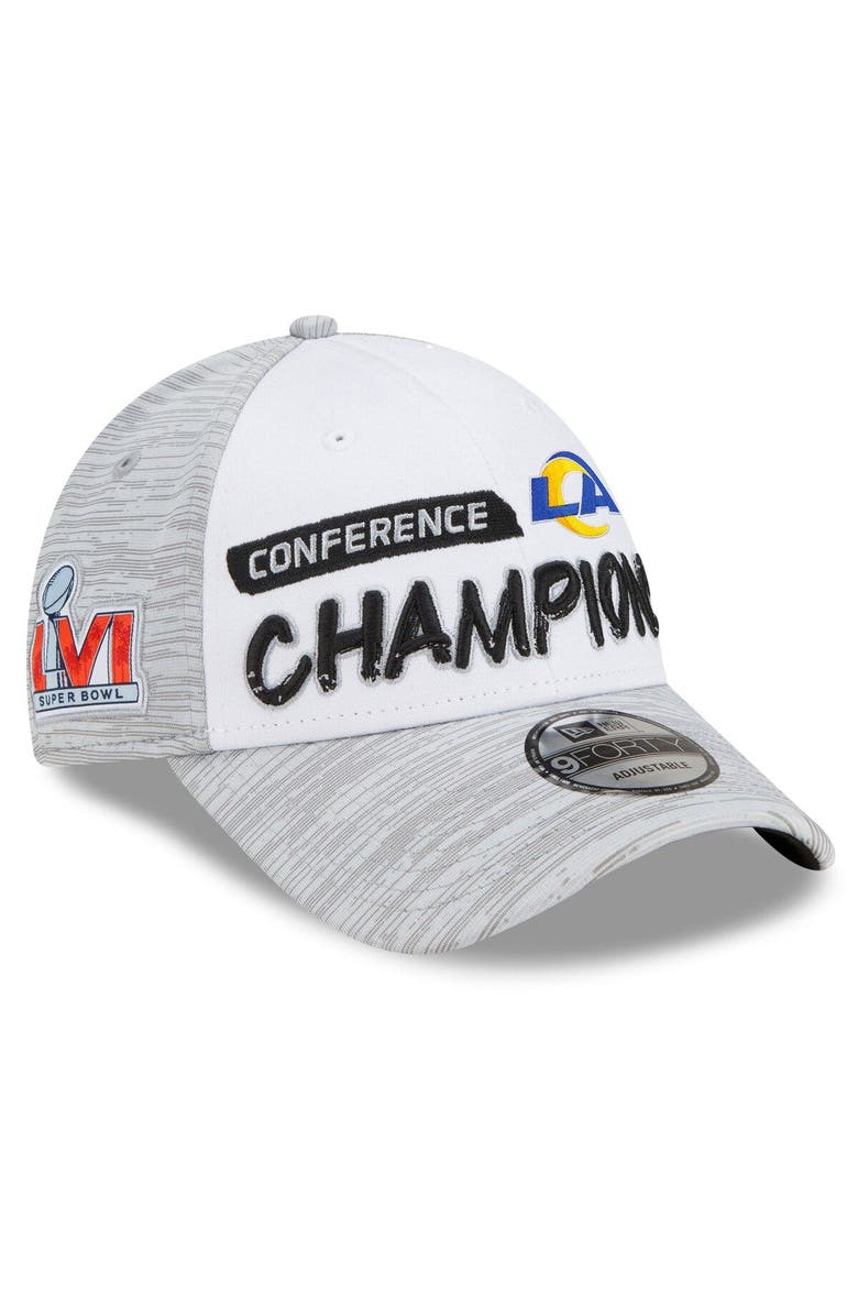 New Era Men's New Era White/Heathered Gray Los Angeles Rams 2021 NFC Champions Locker Room 9FORTY Snapback Adjustable Hat, Main, color,