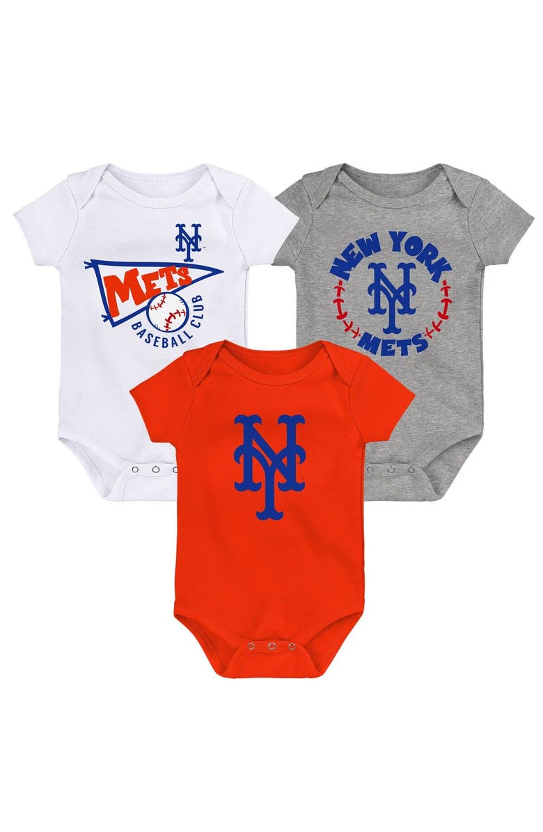 Outerstuff Infant Orange/White/Heather Gray New York Mets Biggest Little Fan 3-Pack Bodysuit Set, Main, color, Orange