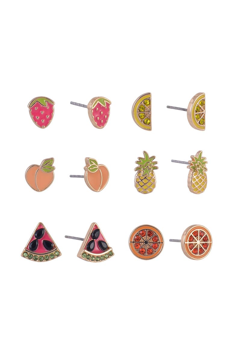 6 Pack Fruit Stud Earring Set, Main, color, Multicolored