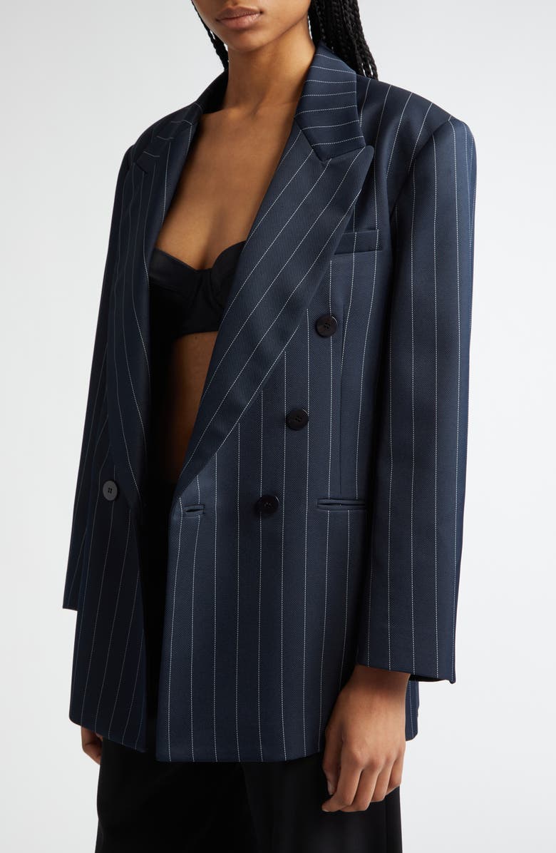 LaQuan Smith Pinstripe Double Breasted Oversize Boyfriend Blazer, Alternate, color, 