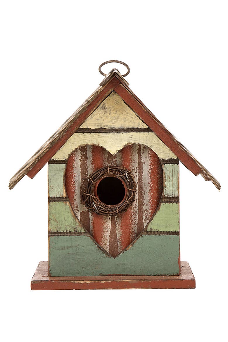 8.75"H Distressed Solid Wood Birdhouse with Heart, Main, color, Red