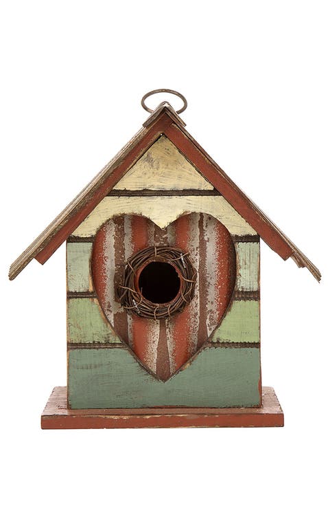 8.75"H Distressed Solid Wood Birdhouse with Heart