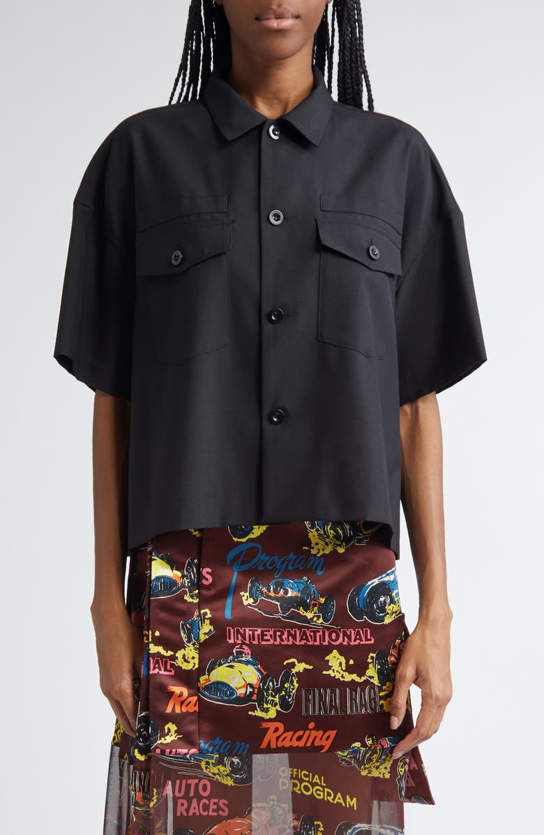 Sacai Short Sleeve Button-Up Suiting Shirt, Main, color, 