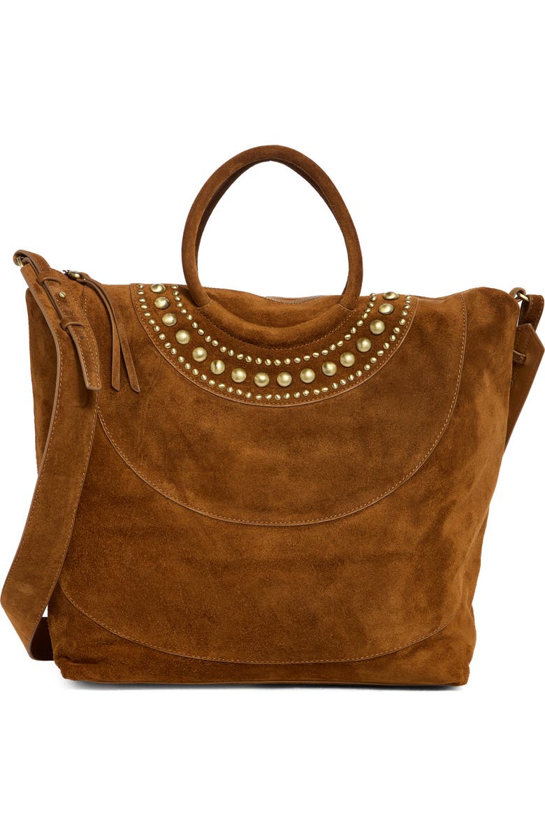 HOBO Maggie Studded Suede Satchel, Main, color, Caramel