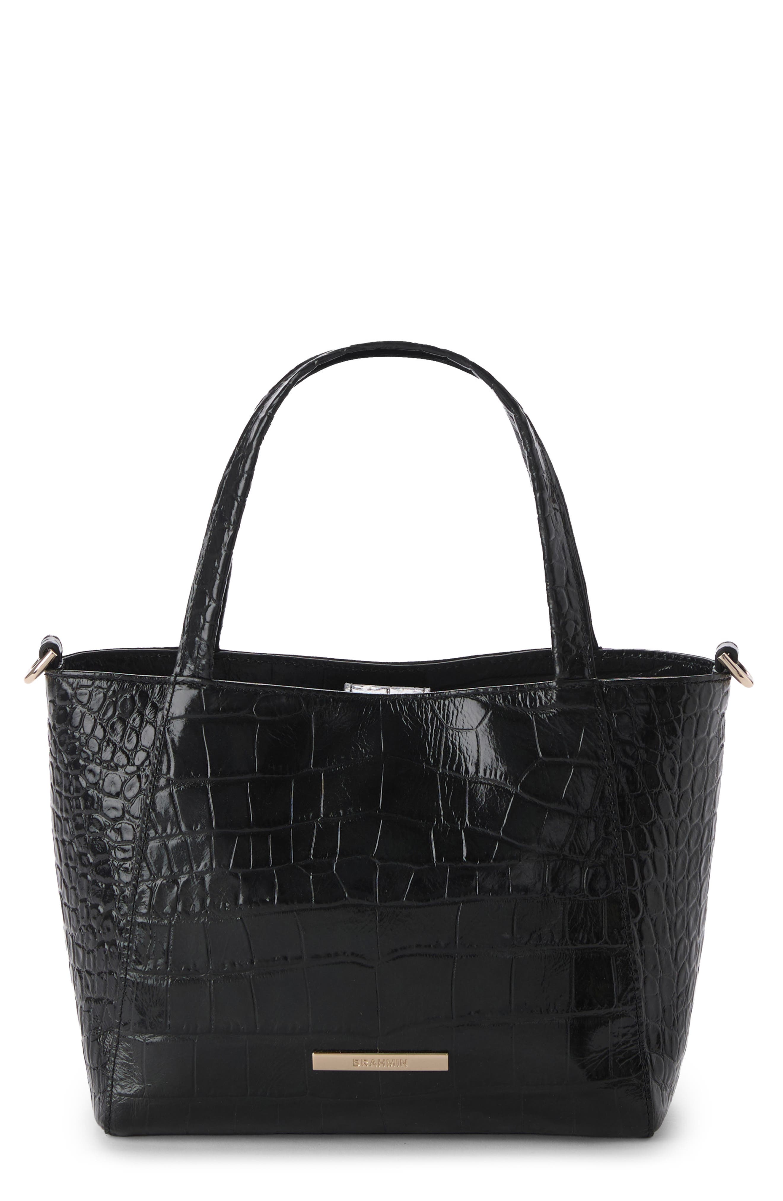 Brahmin Small Mona Croc Embossed Leather Tote, Main, color, Black