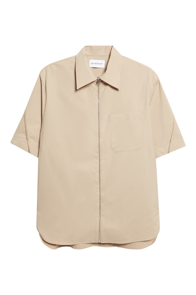 Embroidered Logo Short Sleeve Zip Shirt, Alternate, color, BEIGE