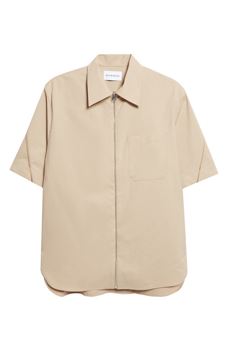 Givenchy Embroidered Logo Short Sleeve Zip Shirt, Main, color, Beige