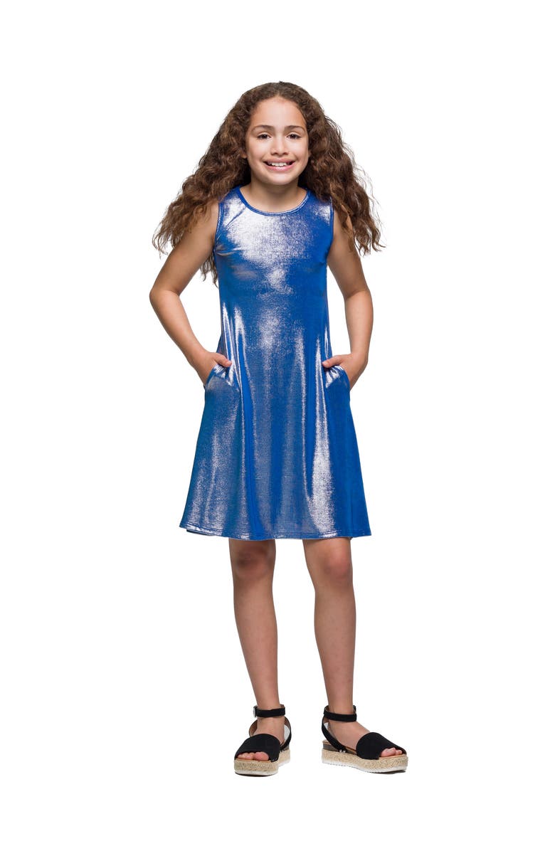24sevenKid Blue Shimmery Metallic Sleeveless A-Line Dress, Main, color, Blue Metallic