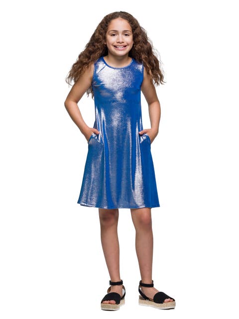 Blue Shimmery Metallic Sleeveless A-Line Dress