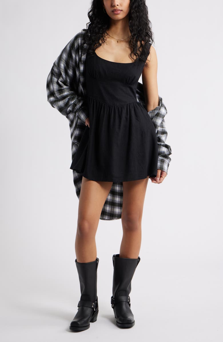 BP. Corset Fit & Flare Linen Blend Minidress, Alternate, color, Black