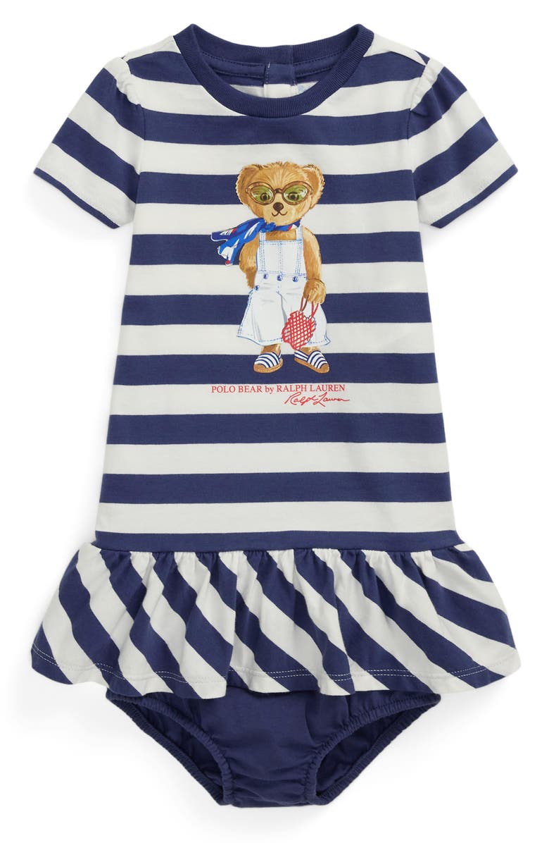 Ralph Lauren Striped Polo Bear Cotton Dress & Bloomers Set, Main, color, 