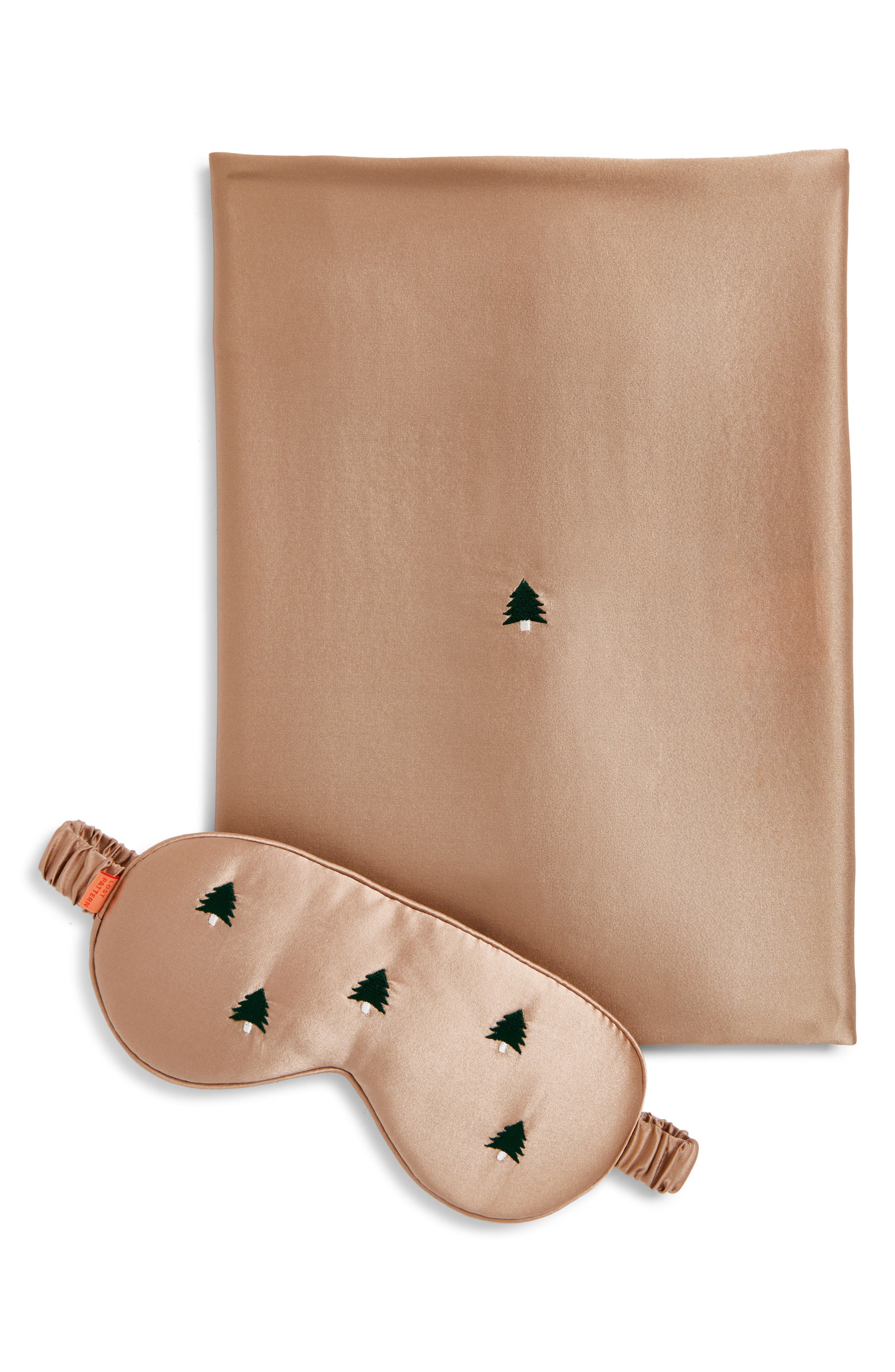 Lost Pattern Embroidered Satin Pillowcase & Sleep Mask Set in Champagne 