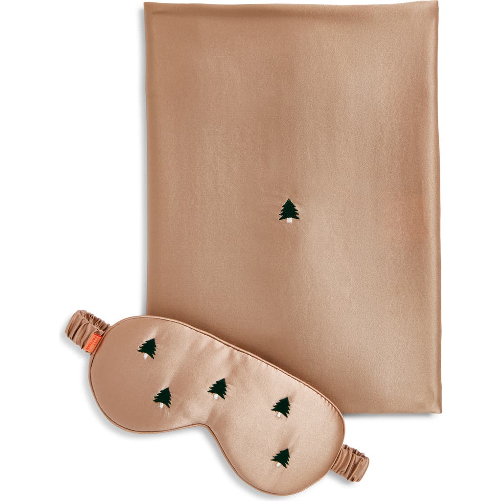 Lost Pattern Embroidered Satin Pillowcase & Sleep Mask Set In Gold