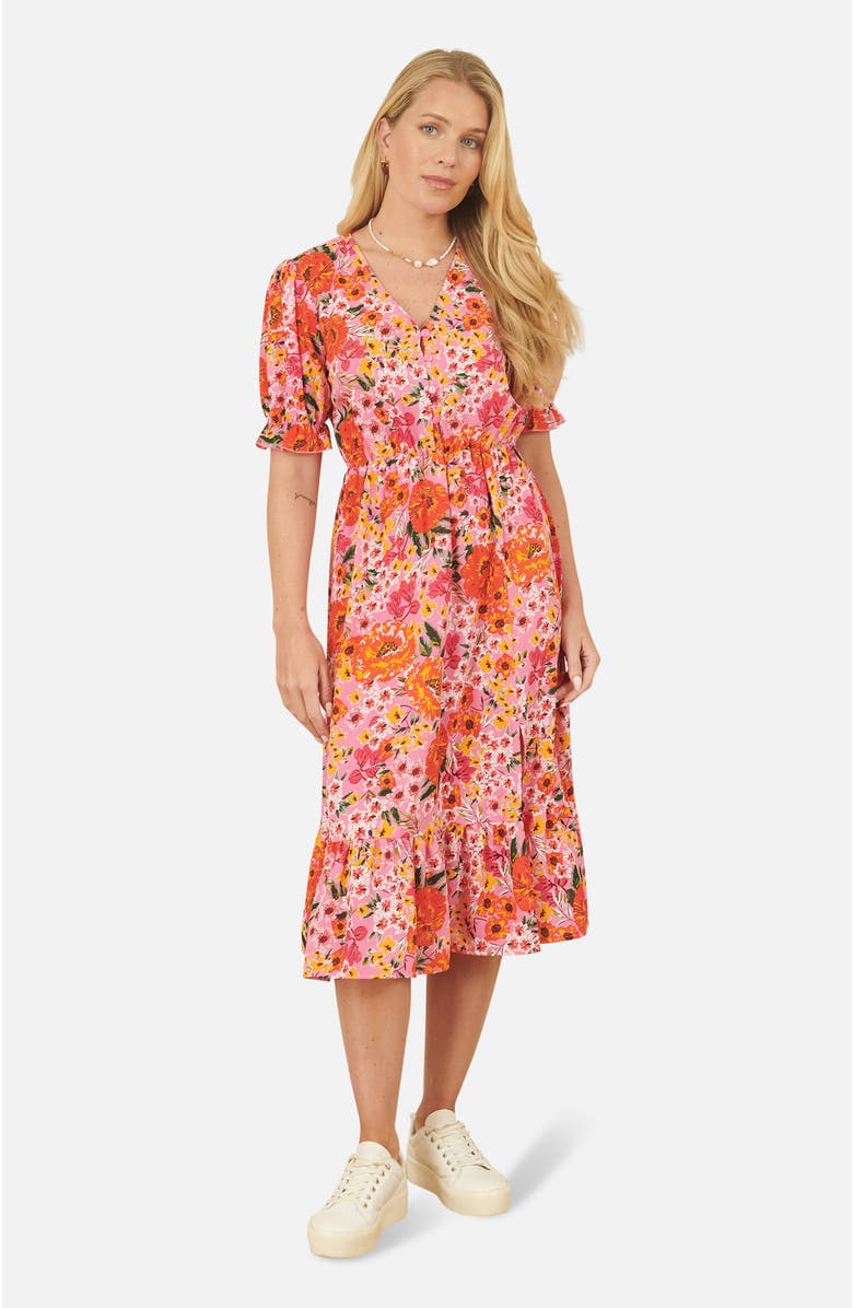 Yumi Short Sleeve V-Neck Printed Midi Dress, Main, color, Pink