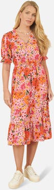 Yumi Short Sleeve V-Neck Printed Midi Dress