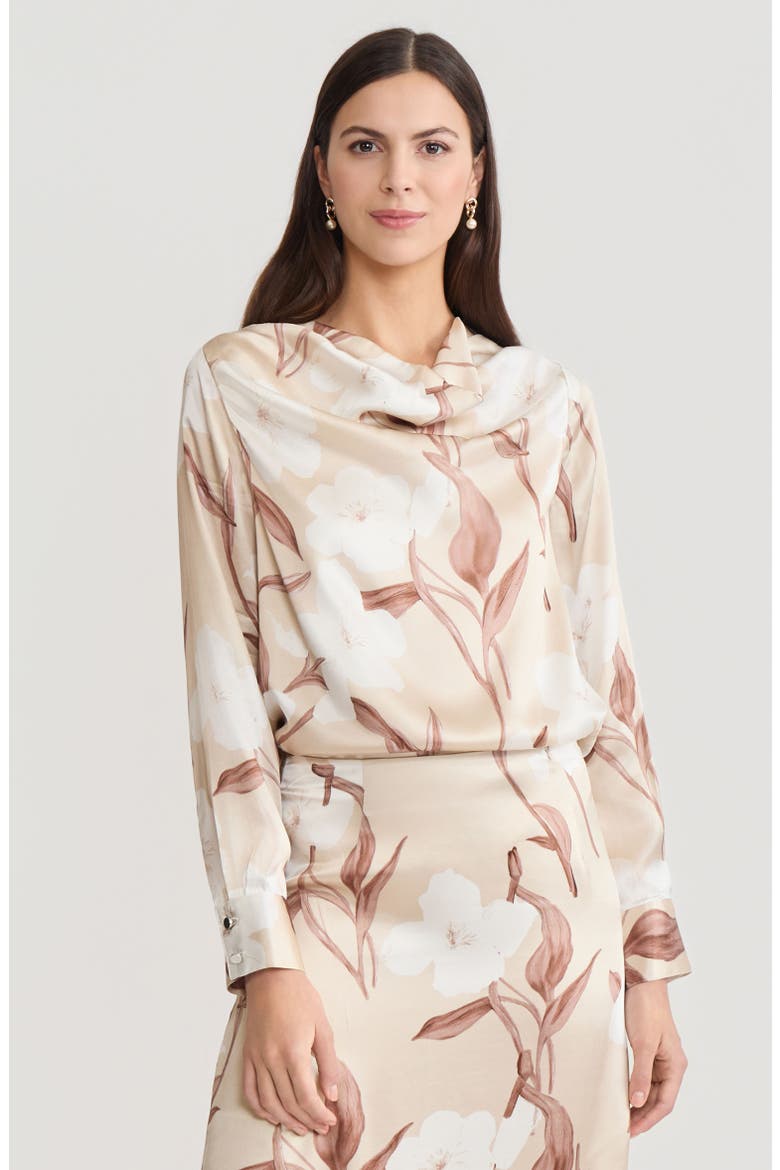 Draped Neck Floral Print Silk Blouse, Alternate, color, Biscotti/Charmeuse