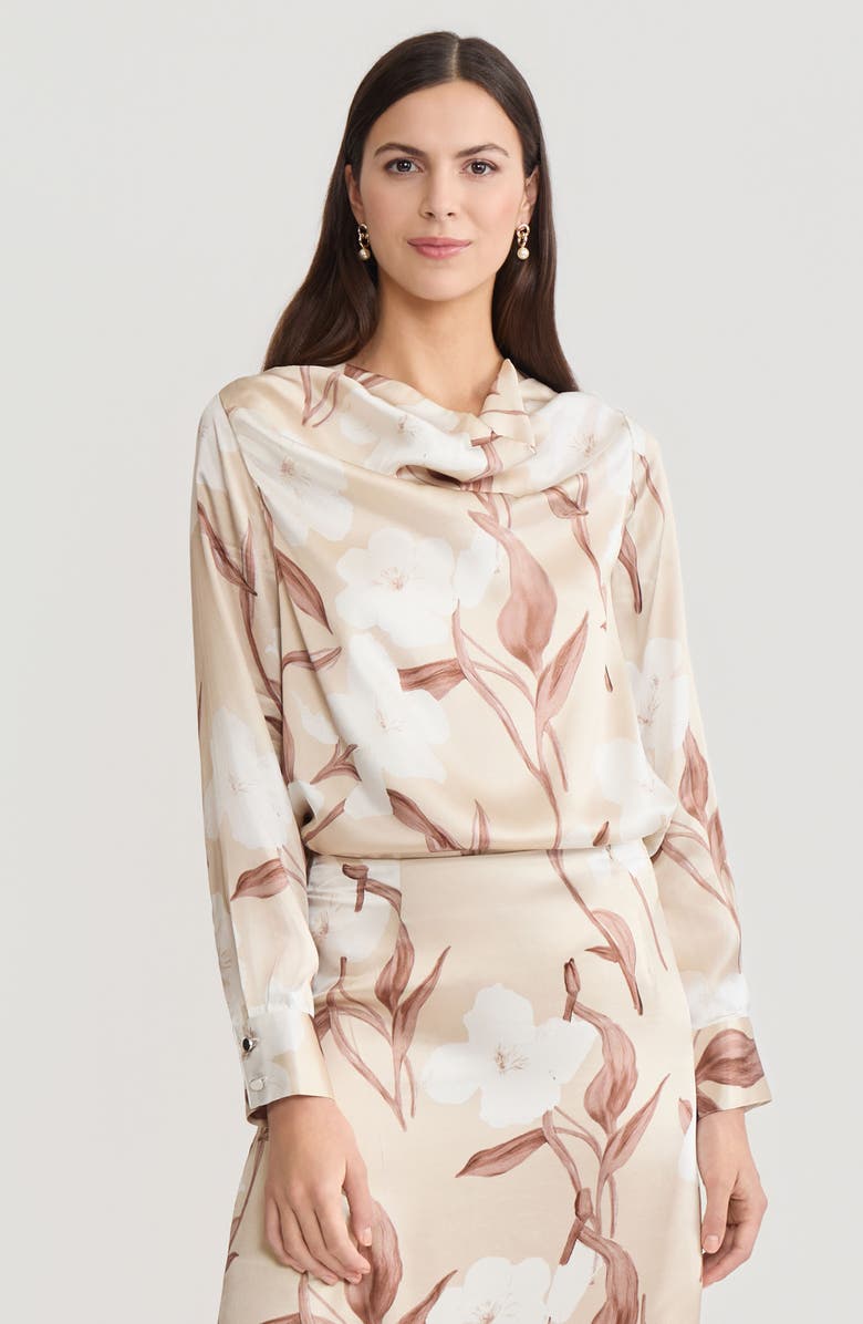 Misook Draped Neck Floral Print Silk Blouse, Alternate, color, Biscotti/Charmeuse