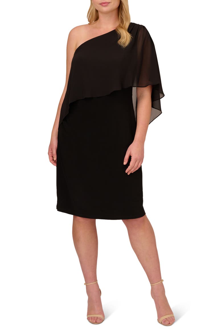 Chiffon & Jersey One-Shoulder Cocktail Dress, Main, color, BLACK