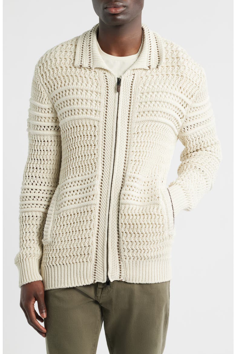 Zip Front Crochet Knit Sweater, Alternate, color, BEIGE