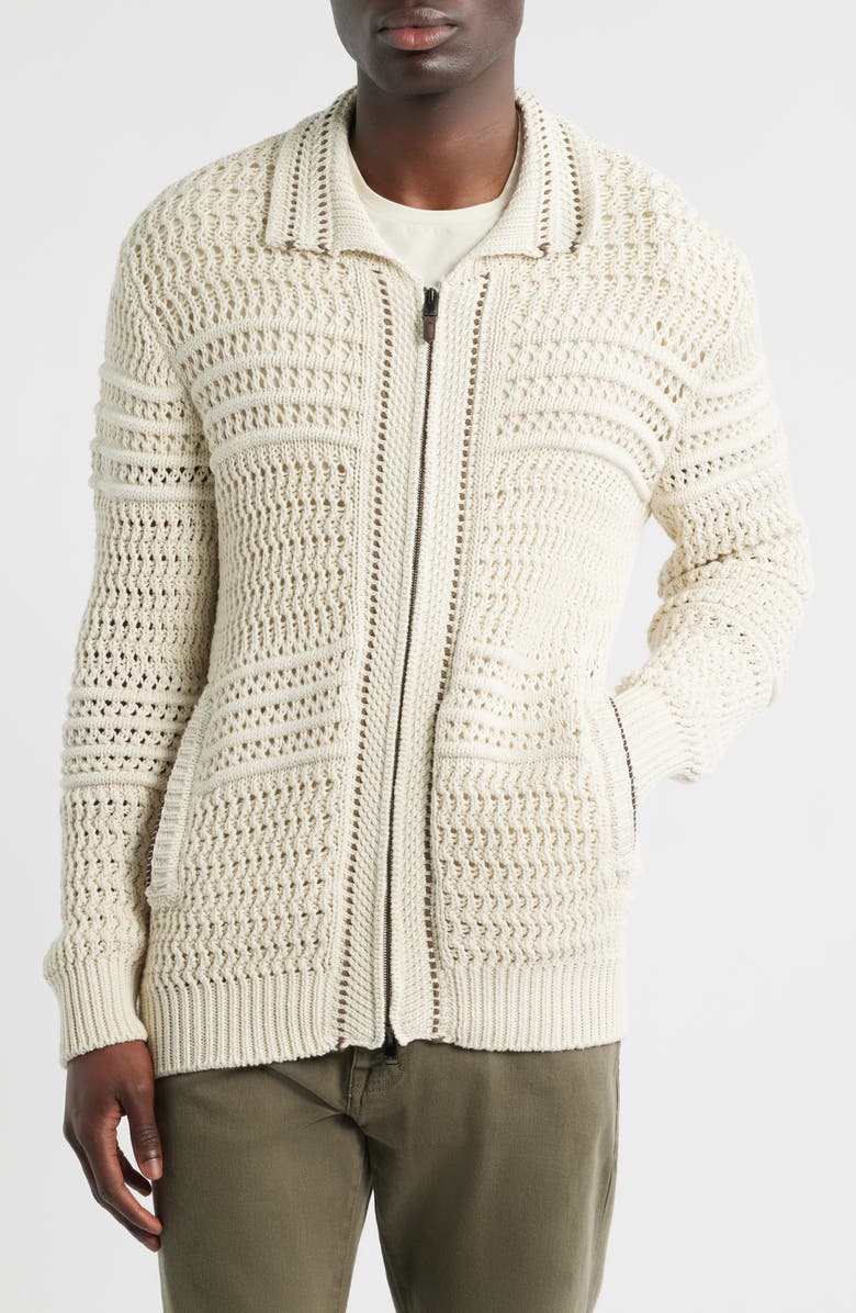 Canali Zip Front Crochet Knit Sweater, Alternate, color, Beige