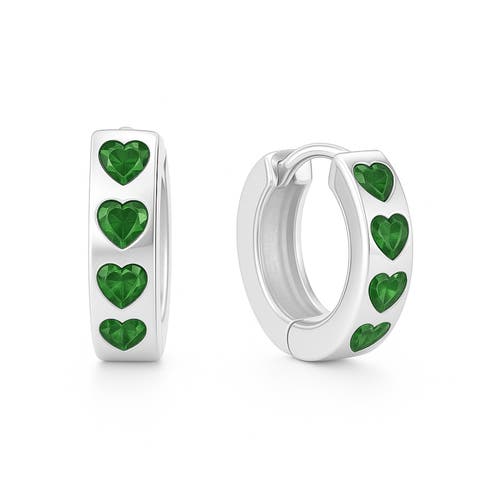 Sterling Silver Emerald Heart Hoops