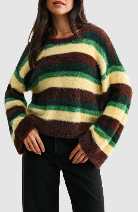 Striped Fuzzy Crewneck Sweater