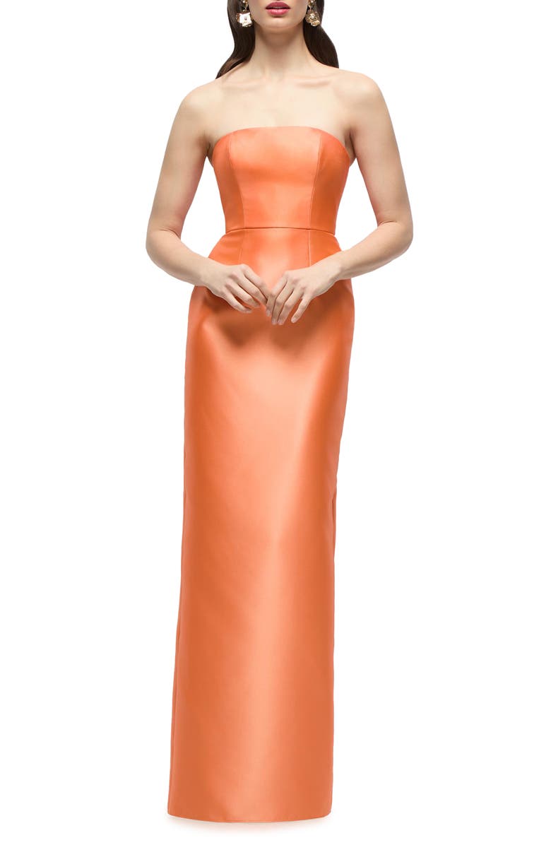 Alfred Sung Jacqueline Strapless Satin Twill Column Gown, Main, color, Portofino Orange